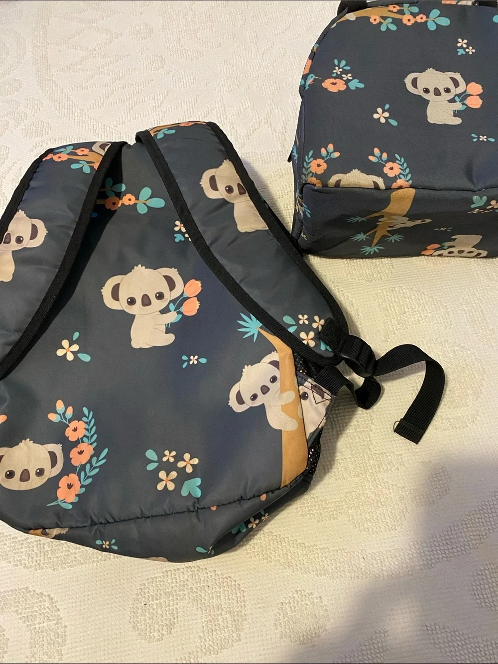 Kids Koala Print Backpack & Lunch Bag Set - Navy with Coral Accents